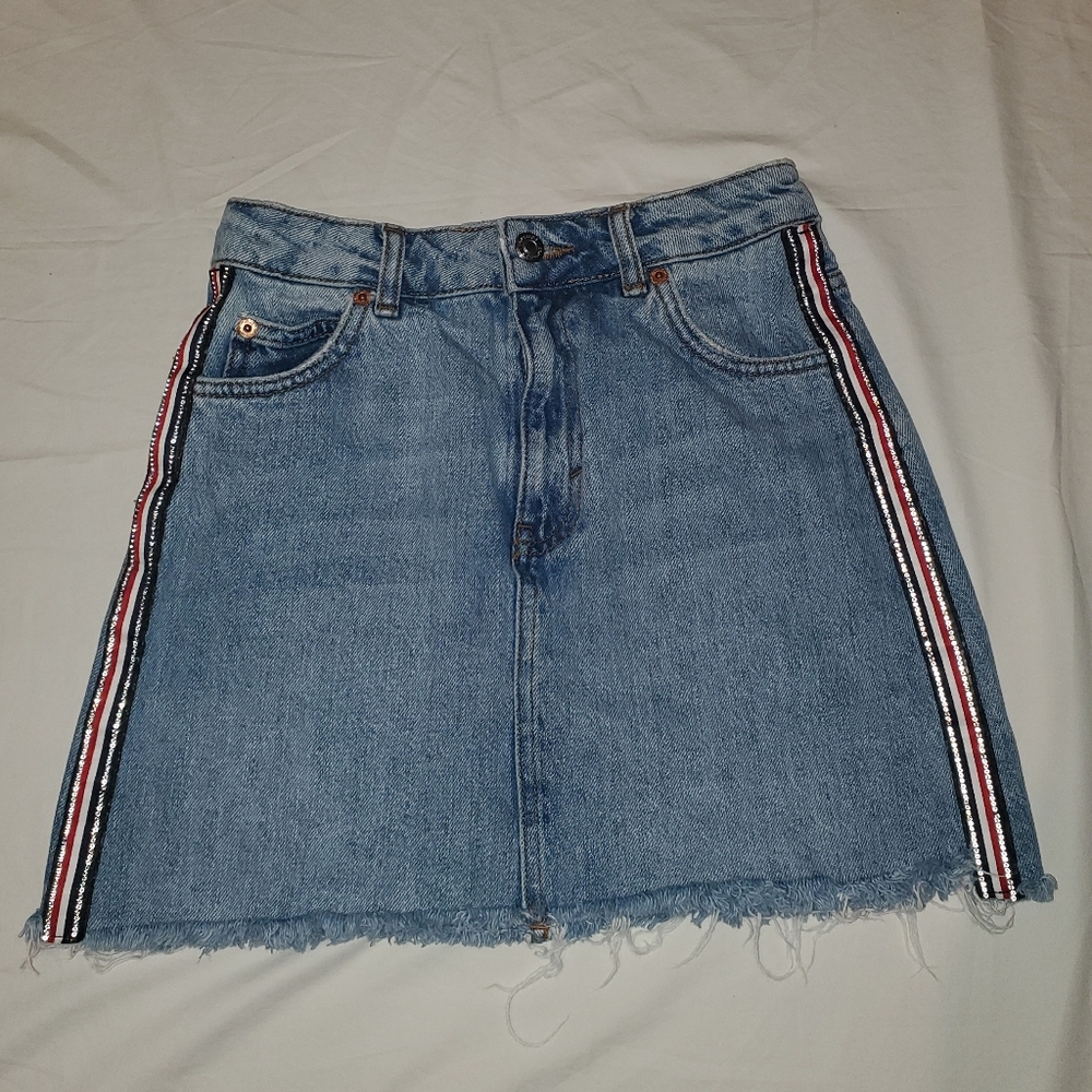 Topshop Denim skirt with red blue and white stripes on the side.